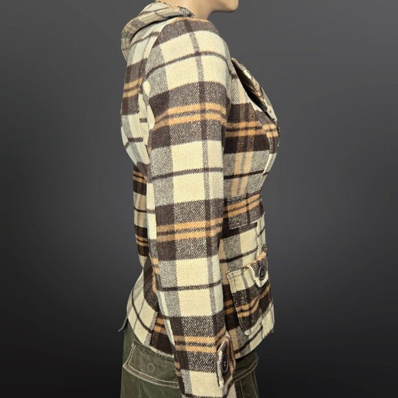 Y2K Fitted Plaid Pea Coat Jacket Size XS Brown Beige Wool Blend Fall Winter - Picture 12 of 14